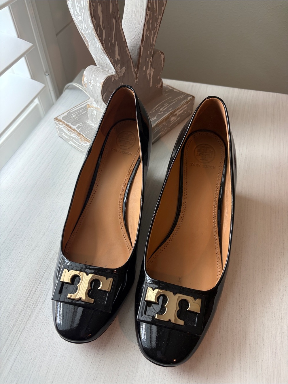 Tory Burch Black Patent Leather Logo Wedge with Gold Hardware